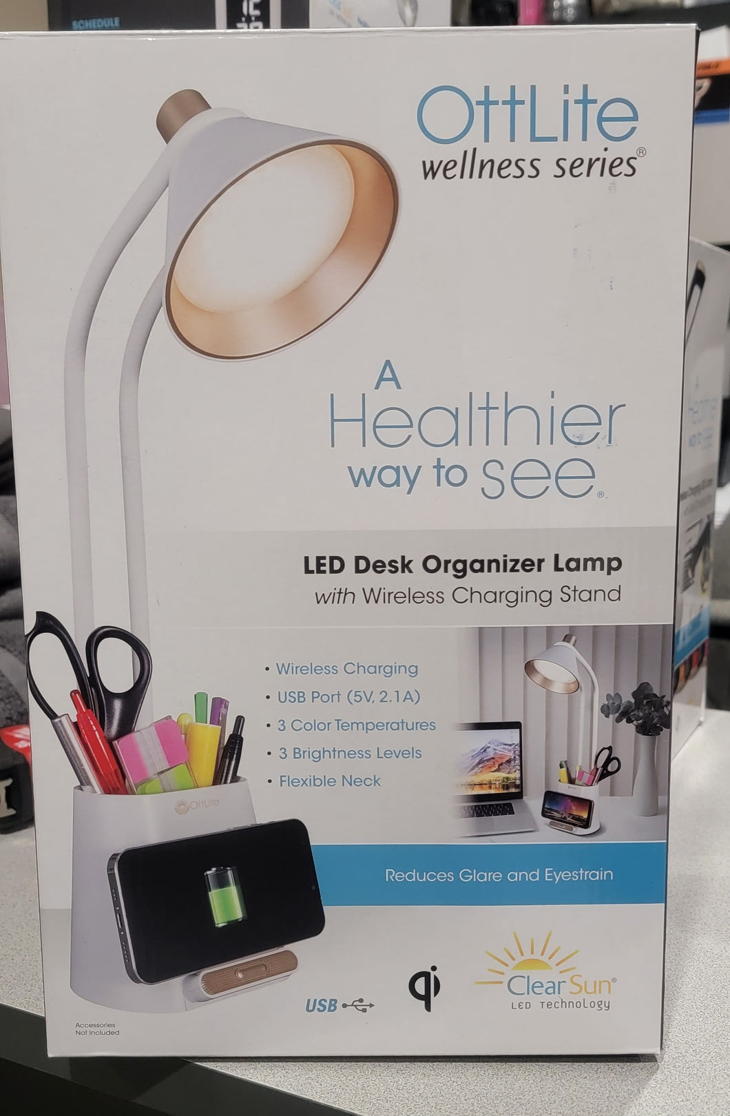 OttLite LED Desk Organizer Lamp with Wireless Charging Stand WHITE