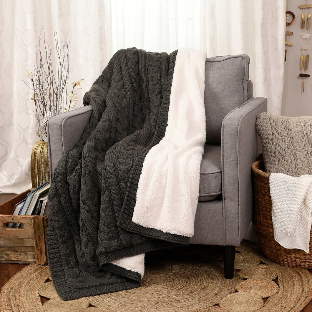 Life Comfort Cable Knit Sherpa Throw Dark Gray Cotton 50” X 60”