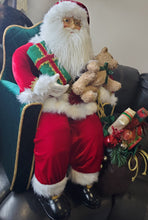 Load image into Gallery viewer, 31&quot; Seated Fabric Santa with adorable plush bear, and sack full of presents - Christmas
