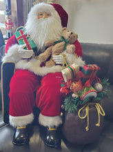 Load image into Gallery viewer, 31&quot; Seated Fabric Santa with adorable plush bear, and sack full of presents - Christmas
