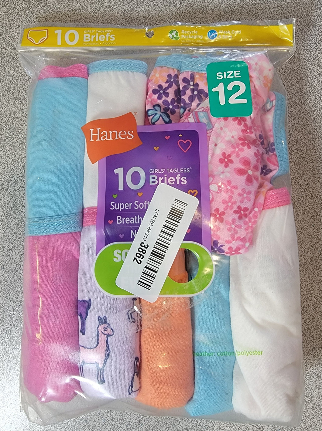 Hanes Girls Soft Tagless Briefs - Size 12, 10 Pack