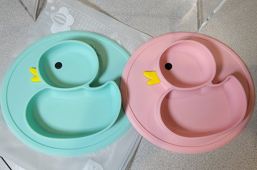 Silicone Divided Portable Non Slip Suction Toddler Plates -  BPA Free Baby Duck (Blue & Pink)