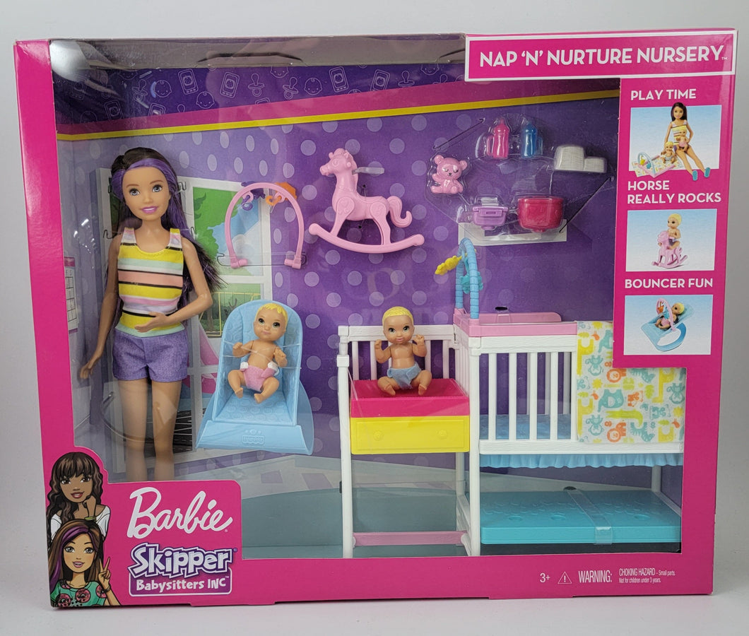 Barbie Nap 'N' Nurture Nursery Playset with Skipper Babysitter Doll, & Extras