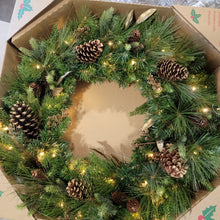 Load image into Gallery viewer, 32&quot; PRE-LIT MIXED GREENERY WREATH WITH GOLD LEAVES
