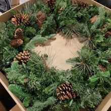 Load image into Gallery viewer, 32″ Mixed Greenery Wreath with pine cones &amp; Scotch Pine, No lights
