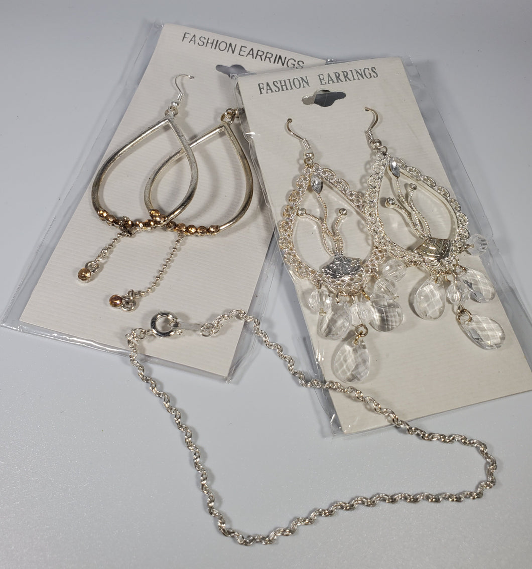 Fashion Earrings - Costume Jewelry - 2 pair dangle earrings - 1 bracelet, Clear