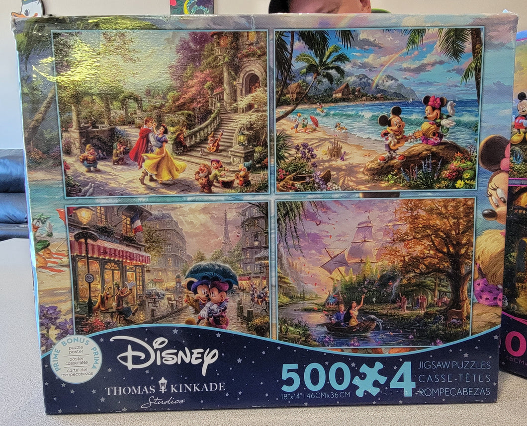 Ceaco Thomas Kinkade The Disney Collection 4 in 1 Multipack Snow White, Mickey & Minnie Mouse, & Pocahontas Jigsaw Puzzles, (4) 500 Pieces
