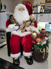 Load image into Gallery viewer, 31&quot; Seated Fabric Santa with adorable plush bear, and sack full of presents - Christmas
