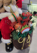 Load image into Gallery viewer, 31&quot; Seated Fabric Santa with adorable plush bear, and sack full of presents - Christmas
