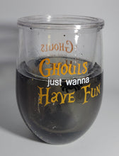 Load image into Gallery viewer, Halloween stemless Wine Glass, Floaty Spiders &amp; Sparkles Ghouls just wanna Have Fun
