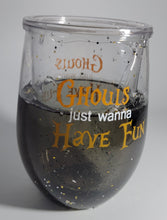 Load image into Gallery viewer, Halloween stemless Wine Glass, Floaty Spiders &amp; Sparkles Ghouls just wanna Have Fun
