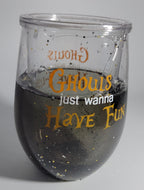 Halloween stemless Wine Glass, Floaty Spiders & Sparkles Ghouls just wanna Have Fun