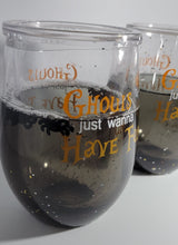 Load image into Gallery viewer, Halloween stemless Wine Glass, Floaty Spiders &amp; Sparkles Ghouls just wanna Have Fun
