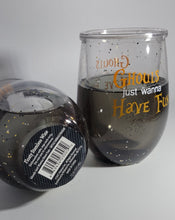 Load image into Gallery viewer, Halloween stemless Wine Glass, Floaty Spiders &amp; Sparkles Ghouls just wanna Have Fun

