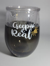 Load image into Gallery viewer, Halloween stemless Wine Glass, Floaty Spiders &amp; Sparkles, Creepin&#39; it Real
