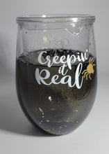 Load image into Gallery viewer, Halloween stemless Wine Glass, Floaty Spiders &amp; Sparkles, Creepin&#39; it Real
