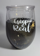 Halloween stemless Wine Glass, Floaty Spiders & Sparkles, Creepin' it Real