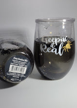 Load image into Gallery viewer, Halloween stemless Wine Glass, Floaty Spiders &amp; Sparkles, Creepin&#39; it Real
