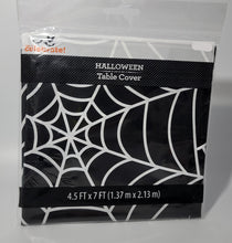 Load image into Gallery viewer, Halloween 4.5 ft x 7 ft Plastic Table Cover Black with White Spiderweb Design
