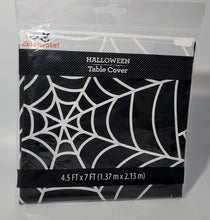 Load image into Gallery viewer, Halloween 4.5 ft x 7 ft Plastic Table Cover Black with White Spiderweb Design
