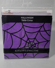 Load image into Gallery viewer, Halloween 4.5 ft x 7 ft Plastic Table Cover Purple with Black Spiderweb Design
