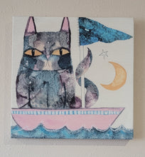 Load image into Gallery viewer, Wall Art, Picture, Decor, Painting, Sailing Cat, Wood Grain Box 15.5&quot; x 15.5&quot; x 1.5&quot;
