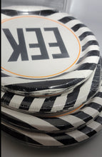 Load image into Gallery viewer, Halloween 7 inch Party Plates, 10-pack with Black &amp; White Stripes and EEK
