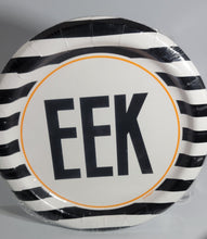 Load image into Gallery viewer, Halloween 7 inch Party Plates, 10-pack with Black &amp; White Stripes and EEK
