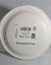 Load image into Gallery viewer, Halloween 7 inch Party Plates, 10-pack with Black &amp; White Stripes and EEK
