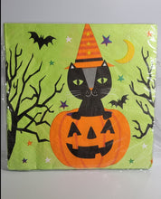 Load image into Gallery viewer, Halloween 13 inch Napkins, 18-pack with Cat in Pumpkin on Green Napkin
