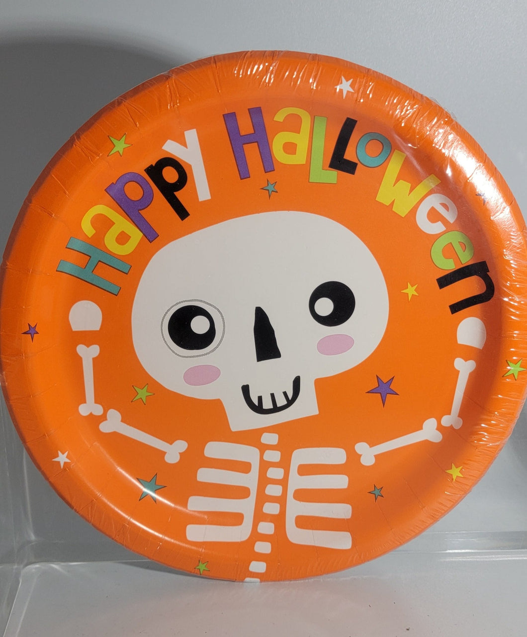 Halloween 8.6 inch Orange Party Plates, 8-pack with Happy Halloween and Skeleton