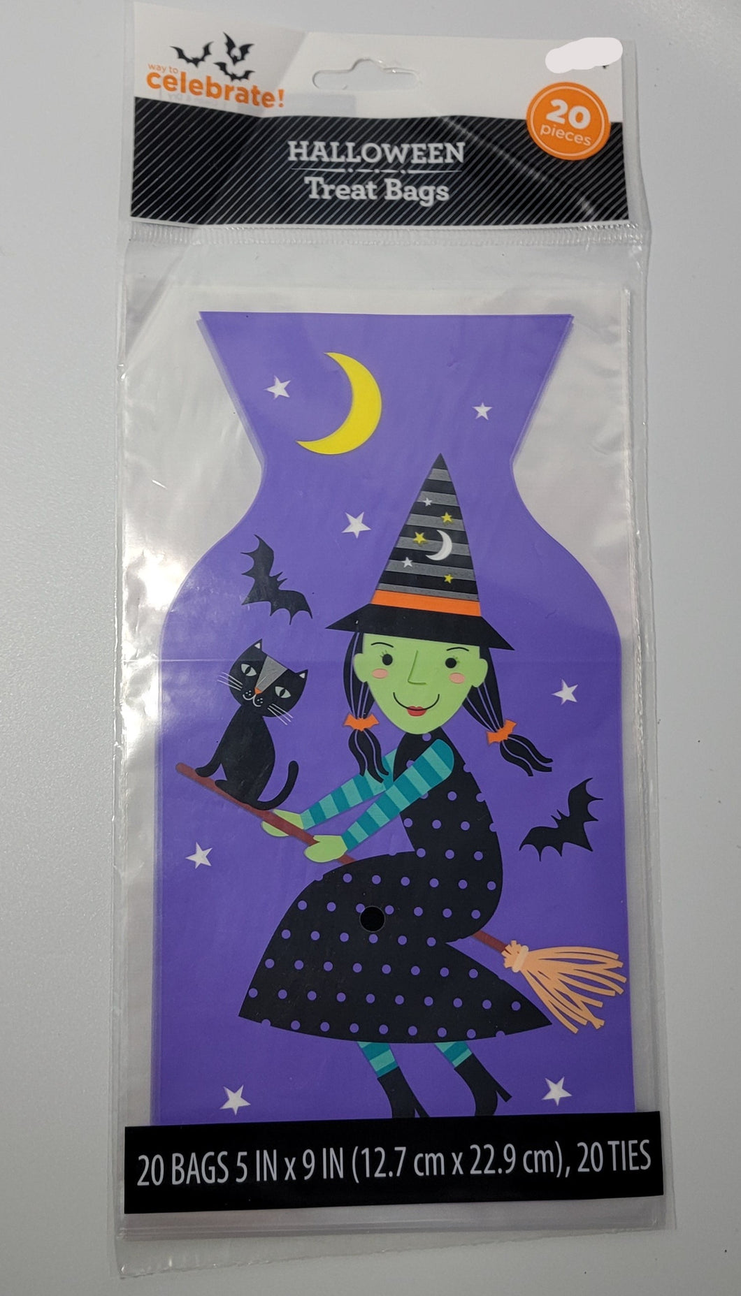 Halloween 5x9 inch treat bags, 20-pack with ties Purple with Witch on Broom and Cat