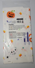 Load image into Gallery viewer, Halloween 54 in x 84 in Plastic Table Cover White with Happy Halloween candy &amp; Pumpkins
