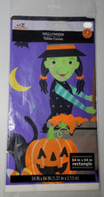 Load image into Gallery viewer, Halloween 54 in x 84 in Plastic Table Cover Purple with Witches, Pumpkins, Ghosts
