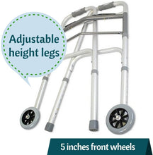 Load image into Gallery viewer, Senior Walker Folding Deluxe 2 Button with Front 5&quot; Wheels, Adjustable Height (Short, Standard, Tall)
