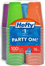 Load image into Gallery viewer, Hefty Party On Disposable Plastic Cups, Assorted, 16 Ounce, 100 Count - Vibrant Colors
