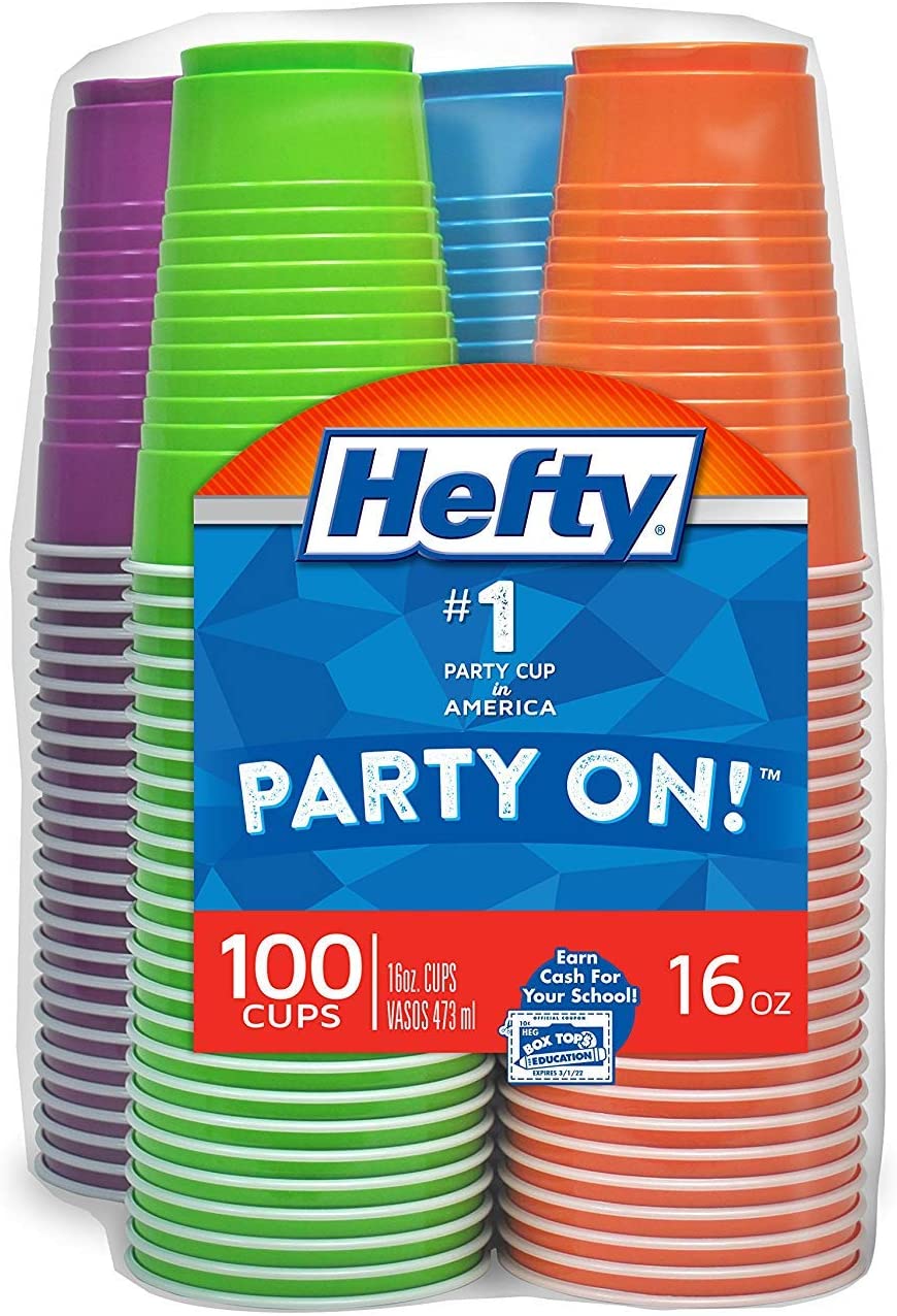Hefty Party On Disposable Plastic Cups, Assorted, 16 Ounce, 100 Count - Vibrant Colors