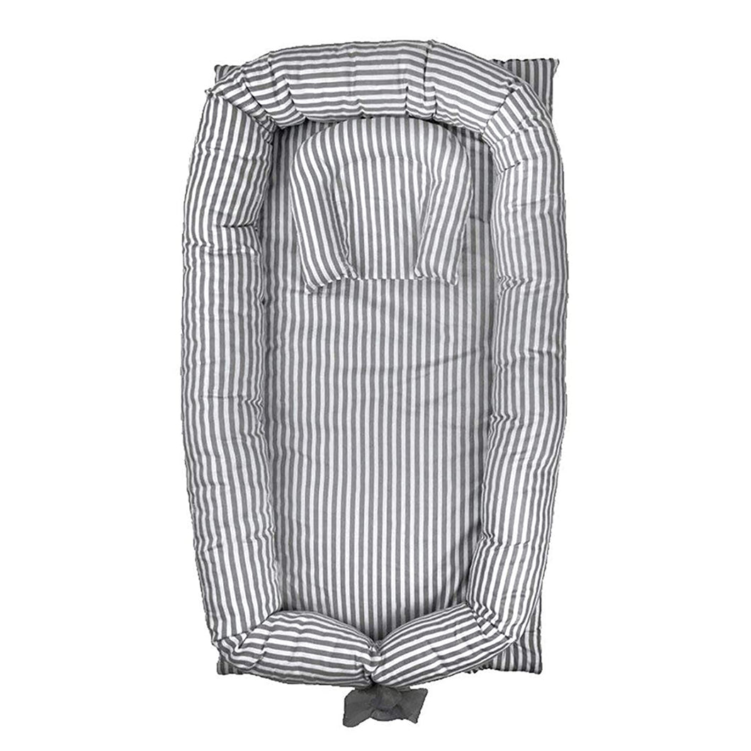 Grey Striped Baby Bassinet, Lounger, Baby Nest for Bed - Breathable Co-Sleeping or Bedroom/Travel
