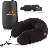 Pack A Nap Travel Neck Pillow 100% Pure Memory Foam - 3D Contoured Eye Mask - Earplugs - Drawstring Bag - Compact