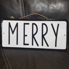 Load image into Gallery viewer, Christmas Home &amp; Hearth Black/White MERRY license plate sign, Jaclyn Smith collection
