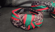 Load image into Gallery viewer, Designer Red/Green Stripe with Faux Brand Pattern Headbands
