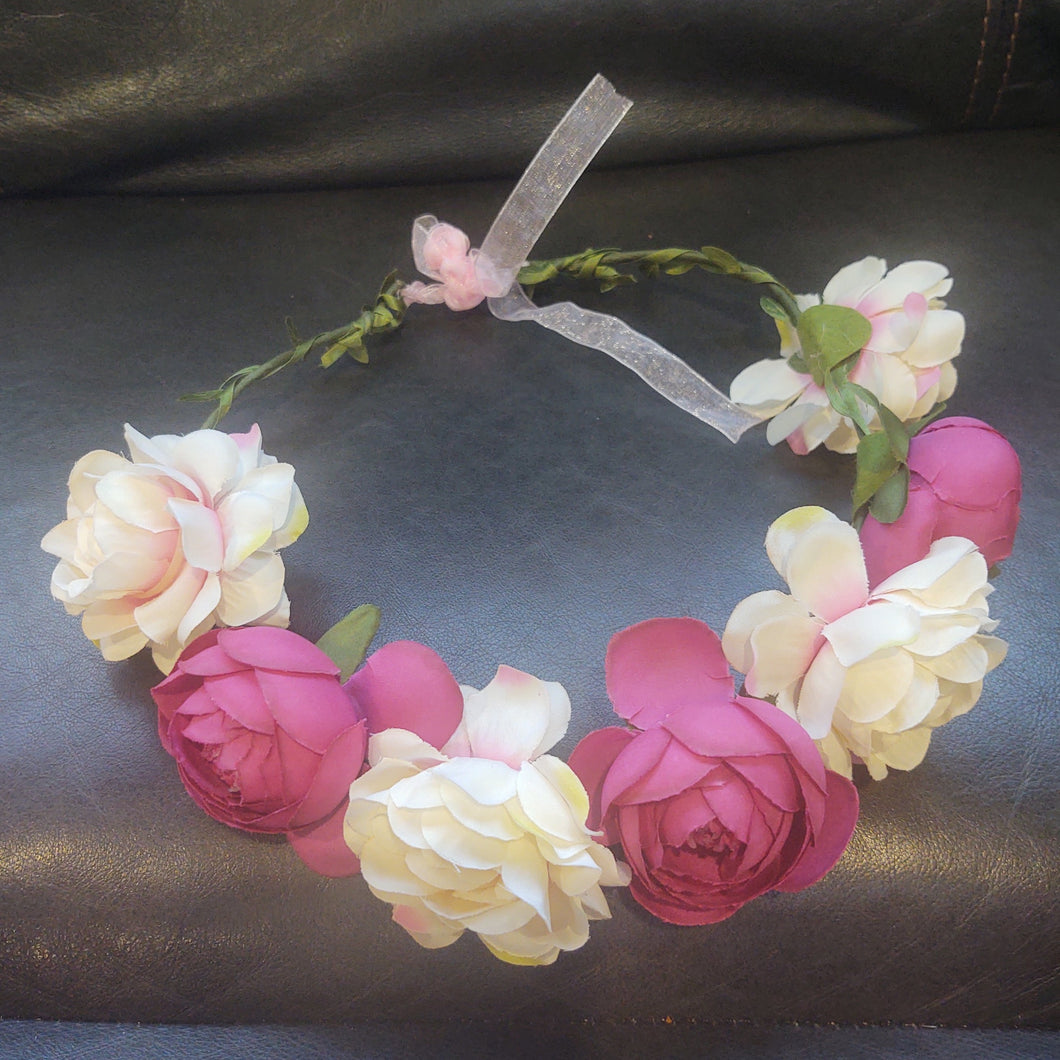 Flower Headband  -Plum/Ivory with Pink Roses - Adult