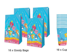 Load image into Gallery viewer, Shark Party Supplies Set &amp; Tableware kit - Perfect for Birthday Party Decorations - Includes Plates, Napkins, Cups, Straws, Cutlery - READ
