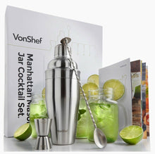 Load image into Gallery viewer, VonShef Stainless Steel Manhattan Cocktail Set includes 4 x Mason Jars, Twisted Bar Spoon, Strainer Lid, 0.5oz / 1oz Measuring Jigger, 18.5oz Shaker, &amp; recipe guide
