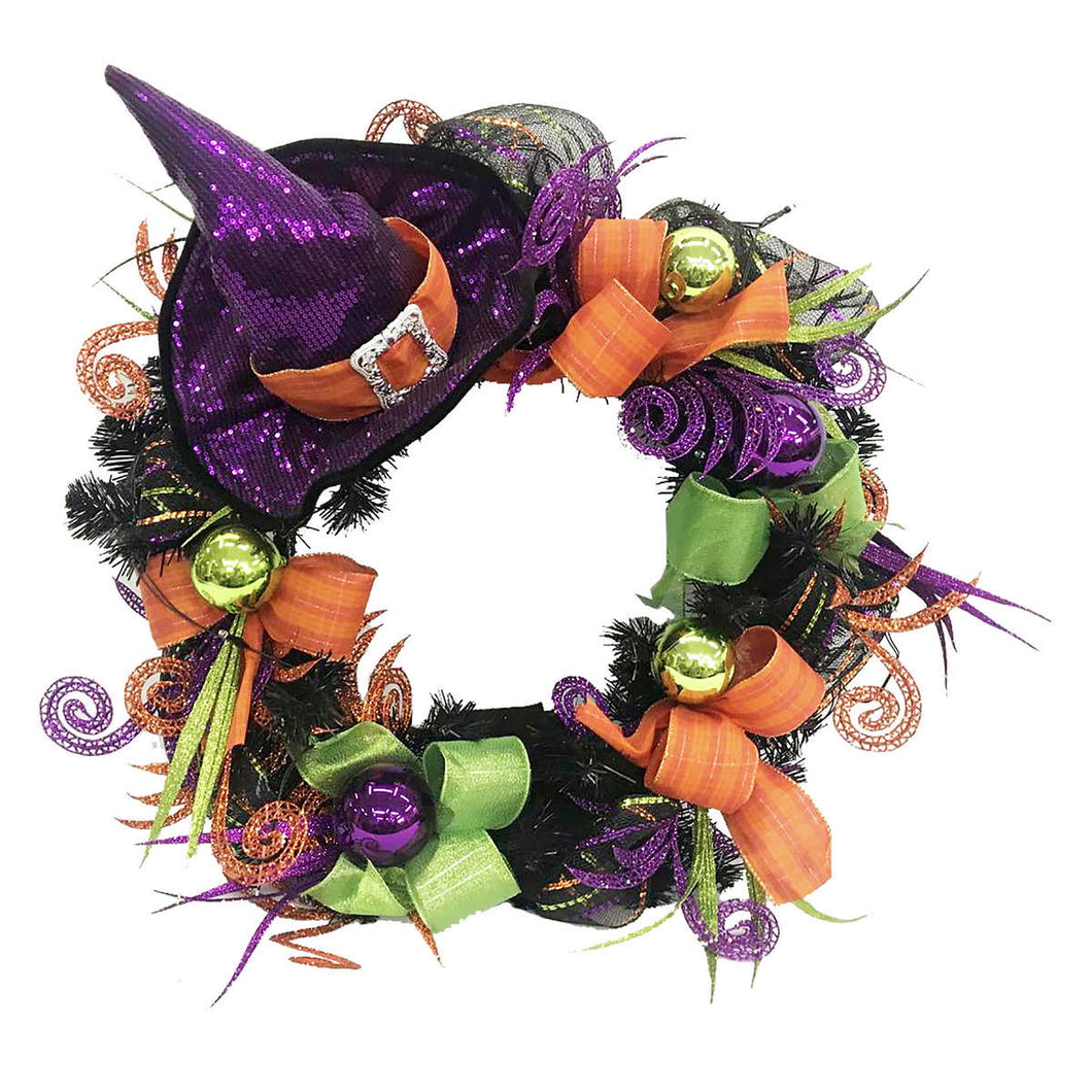 Halloween Wreath - Purple Sequin Witches Hat with Orange accents, 24
