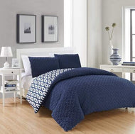 Chic Home Ora 3 Piece Reversible Comforter Set Embossed Embroidered Navy Blue, Geometric Bedding - QUEEN