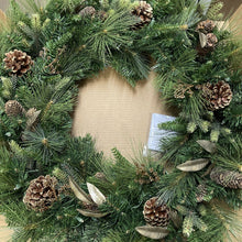 Load image into Gallery viewer, 32&quot; PRE-LIT MIXED GREENERY WREATH WITH GOLD LEAVES
